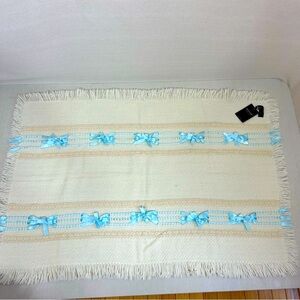 John Branigan Cream Wool Baby Blanket with Blue Ribbon & Fringe Accents